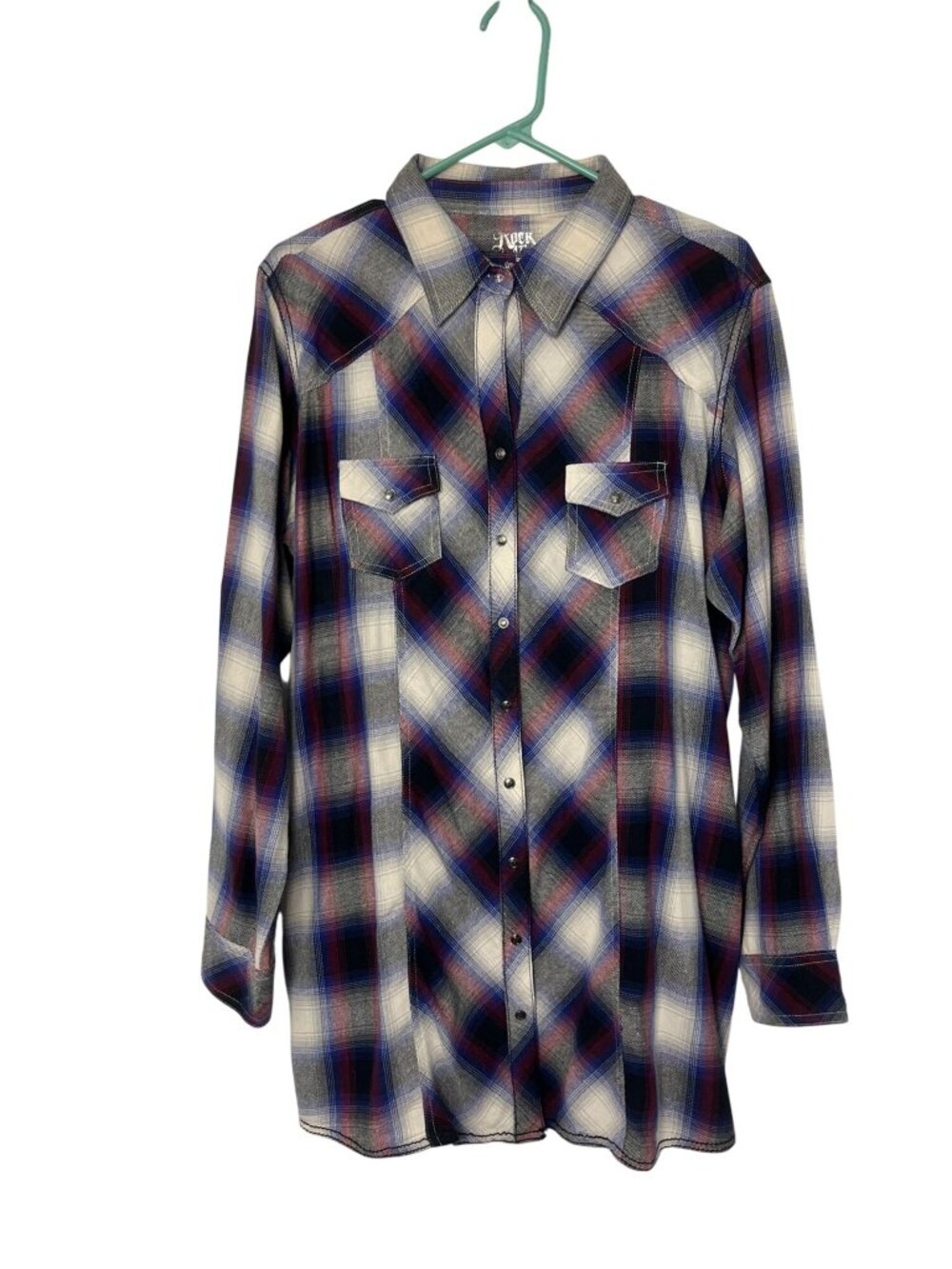 Rock 47 by Wrangler Womens XXL Used Plaid Snap Shirt Roll Tab Western Cotton